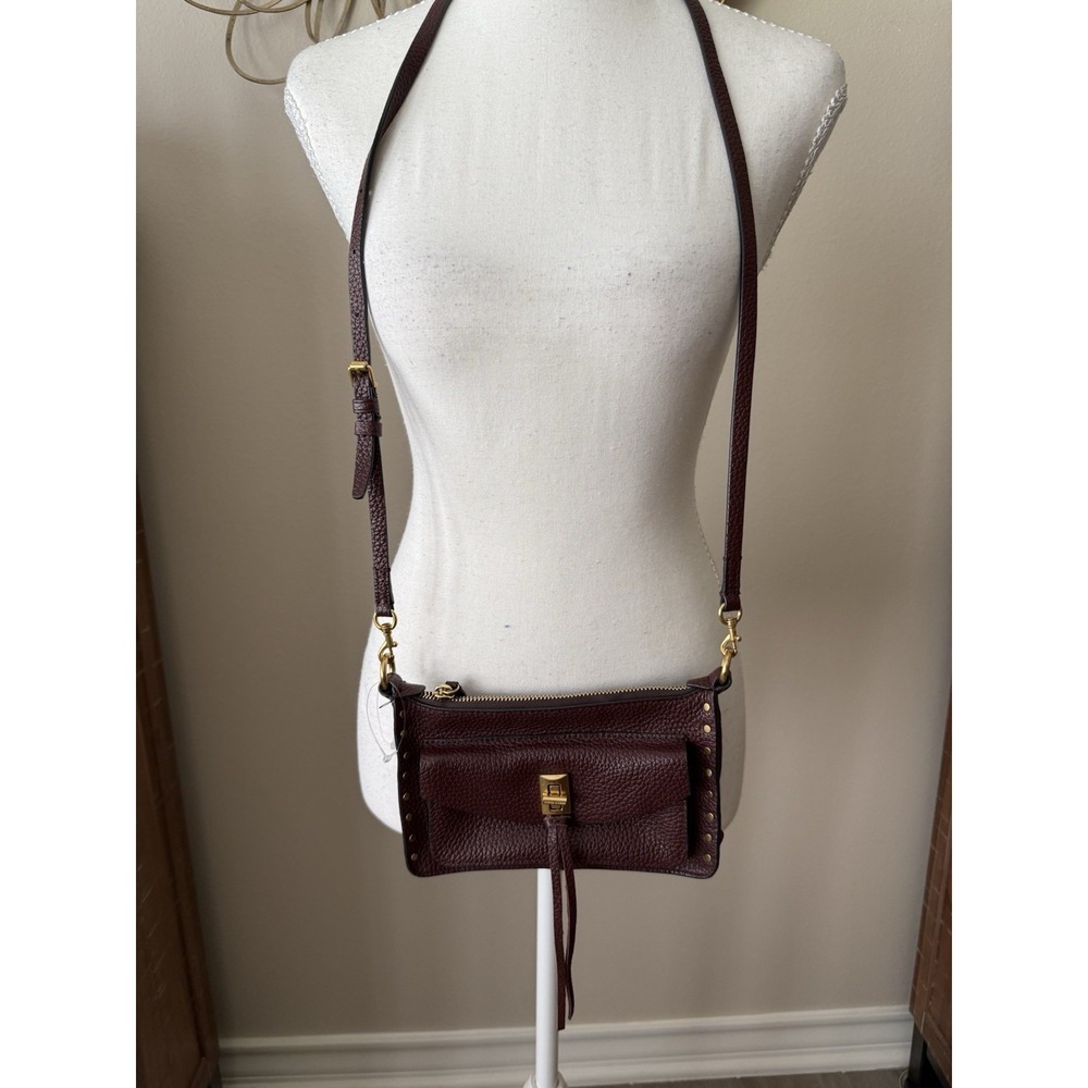 Rebecca Minkoff Darren Mini Crossbody Bag Burgundy Leather Studded Strap Flaw